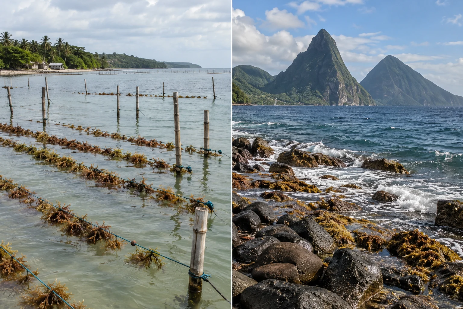 Sea moss cultivation ropes and an open-water Caribbean coastline