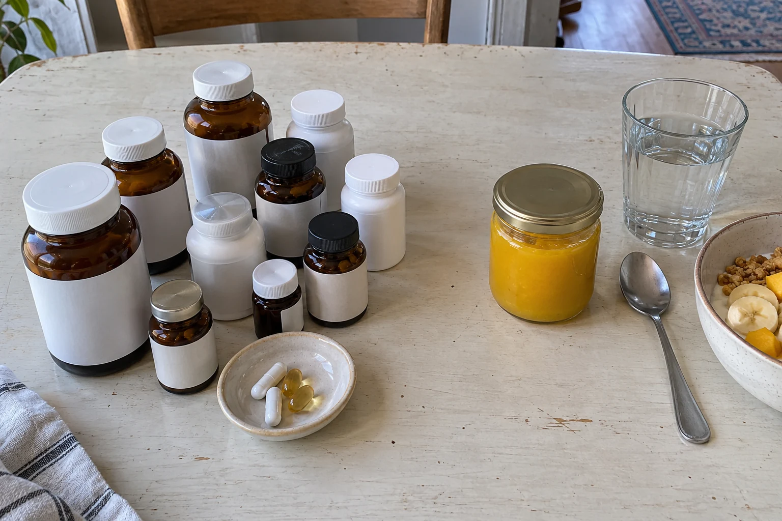 Unbranded supplement bottles and a simple jar with a spoon on a home counter