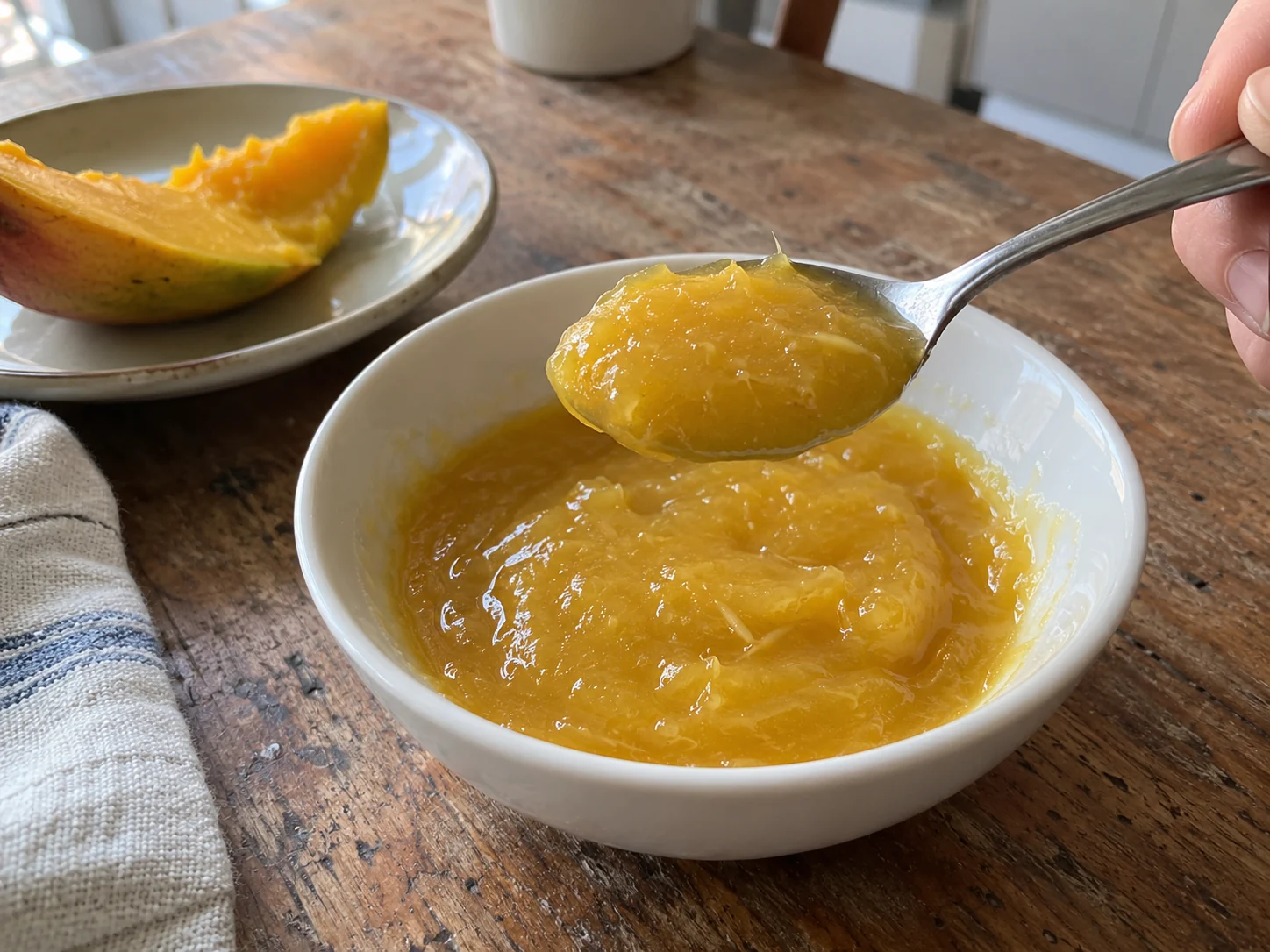 A spoonful of golden mango sea moss gel in a home kitchen