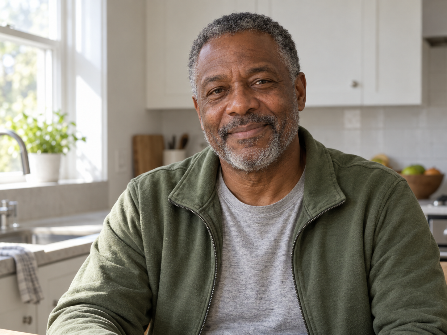 A man smiling in his kitchen