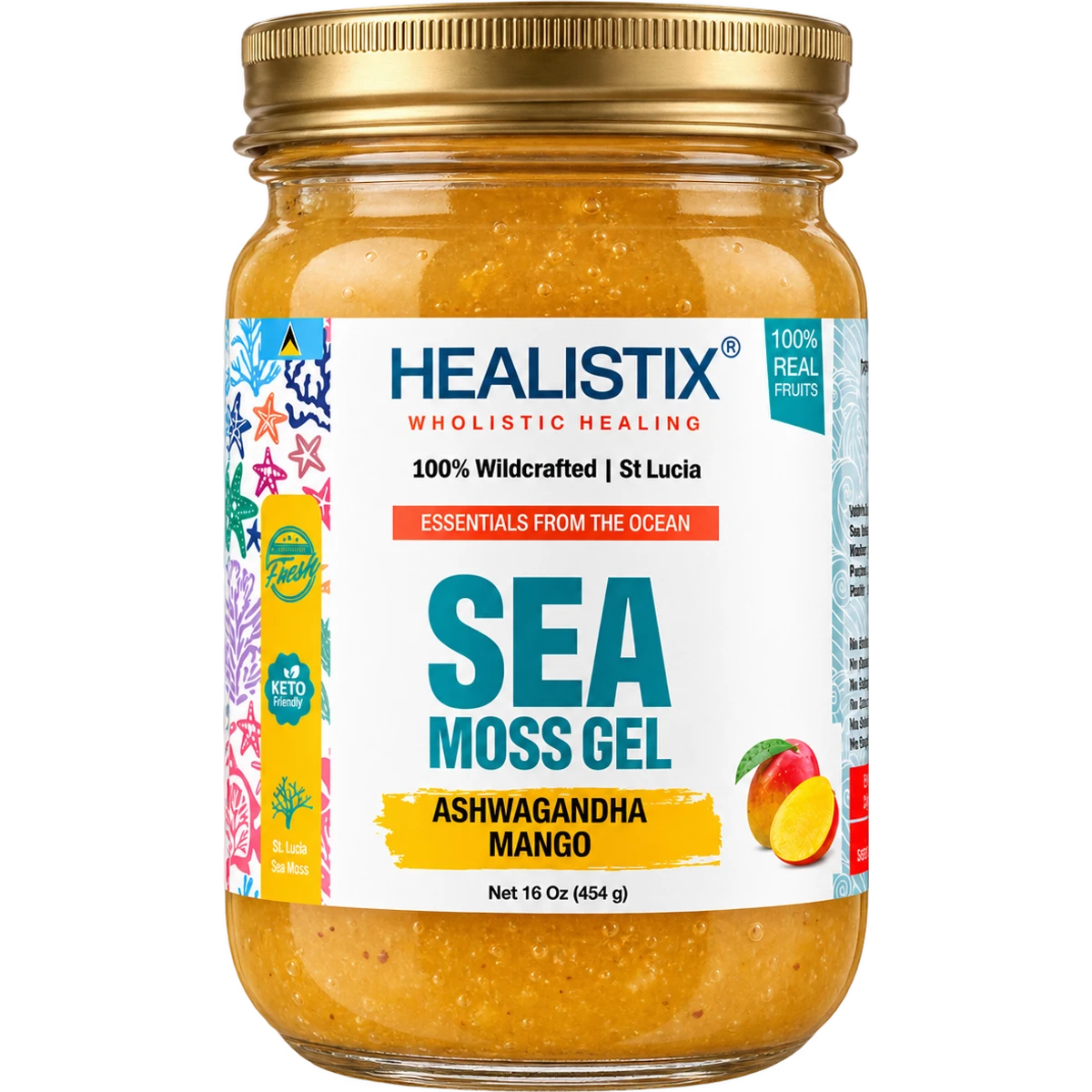Healistix Ashwagandha Mango sea moss gel with original label artwork